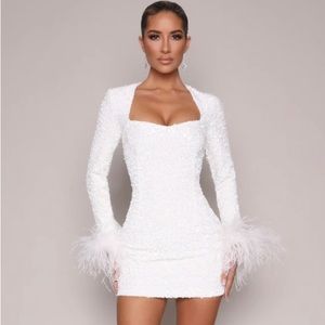 JADE LONG SLEEVED SEQUIN MINI DRESS W/ FEATHER TRIM- WHITE